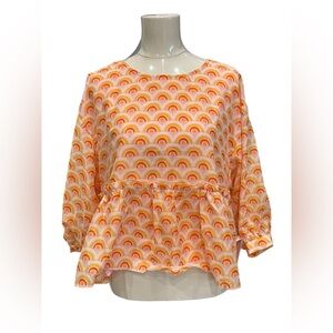 J. Marie Rainbows Blouse Top Puff Sleeve S M Ruffle Bottom Balloon Sleeve NWT